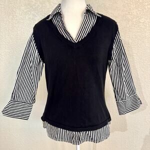 Notations Sz Large Layered Look Black White Stripes V Neck 3/4 Sleeve Knit Top